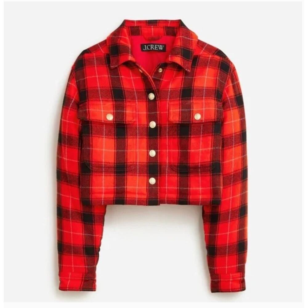 J.Crew Crop Puffer Jacket M Red Buffalo Check Plaid BV699 Black Western Prep - Picture 2 of 6